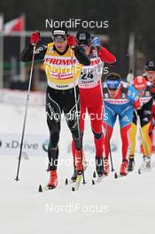 17.03.2012, Falun, Sweden (SWE): l-r: Dario Cologna (SUI), Fischer, Rottefella, Alpina, Swix, Odlo, Eldar Roenning (NOR), Rossignol, Rottefella, Swix  - FIS world cup cross-country, mass men, Falun (SWE). www.nordicfocus.com. © Hemmersbach/NordicFocus. Every downloaded picture is fee-liable.