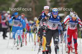 17.03.2012, Falun, Sweden (SWE): in front Kikkan Randall (USA), Fischer, Salomon, Swix, behind Katrin Zeller (GER), Rossignol, Rottefella, One Way, adidas  - FIS world cup cross-country, mass women, Falun (SWE). www.nordicfocus.com. © Hemmersbach/NordicFocus. Every downloaded picture is fee-liable.