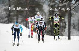 25.11.2012, Gaellivare, Sweden (SWE): l-r: Devon Kershaw (CAN), Johan Olsson (SWE), Dario Cologna (SUI), Maurice Manificat (FRA) - FIS world cup cross-country, 4x7,5km men, Gaellivare (SWE). www.nordicfocus.com. © Felgenhauer/NordicFocus. Every downloaded picture is fee-liable.