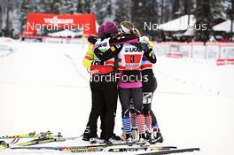 25.11.2012, Gaellivare, Sweden (SWE): Team USA celebrates at the finish - FIS world cup cross-country, 4x5km women, Gaellivare (SWE). www.nordicfocus.com. © Felgenhauer/NordicFocus. Every downloaded picture is fee-liable.