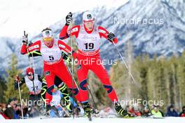 16.12.2012, Canmore, Canada (CAN): Petter Eliassen (NOR), Fischer, Swix, Alpina, Rottefella in front of Chris Andre Jespersen (NOR), Rossignol, Start, Rottefella, Skigo - FIS world cup cross-country, skiathlon men, Canmore (CAN). www.nordicfocus.com. © Roycroft/NordicFocus. Every downloaded picture is fee-liable.