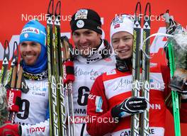 16.12.2012, Canmore, Canada (CAN): (l-r) Roland Clara (ITA), Fischer, Swix, Rottefella, Maurice Manificat (FRA), Fischer, Swix, Rottefella, One Way and Sjur Roethe (NOR), Fischer, KV+, Salomon, Swix - FIS world cup cross-country, skiathlon men, Canmore (CAN). www.nordicfocus.com. © Roycroft/NordicFocus. Every downloaded picture is fee-liable.