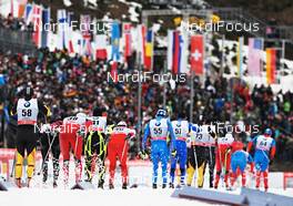 30.12.2012, Oberhof, Germany (GER): a chasing group arrives at the DKB Arena - FIS world cup cross-country, tour de ski, pursuit men, Oberhof (GER). www.nordicfocus.com. © Felgenhauer/NordicFocus. Every downloaded picture is fee-liable.