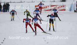 08.01.2012, Oberstdorf, Germany (GER): (l-r) Magnus Moan (NOR), Madhus, Swix, Rottefella, Mikko Kokslien (NOR), Fischer, Swix, Rottefella and Bjoern Kircheisen (GER), Fischer, Leki, Rottefella, Adidas  - FIS world cup nordic combined, individual gundersen HS137/10km, Oberstdorf (GER). www.nordicfocus.com. Â© Laiho/NordicFocus. Every downloaded picture is fee-liable.
