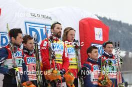 04.02.2012, Val di Fiemme, Italy (ITA): L-R: Jason Lamy-Chappuis (FRA), Salomon, Swix, OneWay , Maxime Laheurte (FRA), Fischer, Rottefella, Odlo , Magnus Moan (NOR), Madshus, Rottefella, Mikko Kokslien (NOR), Fischer, Rottefella, Swix, Francois Braud (FRA), Fischer, Rottefella, OneWay, Sebastien Lacroix (FRA), Atomic, Salomon, OneWay, - FIS world cup nordic combined, team HS134/2x7.5km, Val di Fiemme (ITA). www.nordicfocus.com. © Manzoni/NordicFocus. Every downloaded picture is fee-liable.