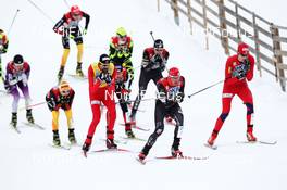 04.02.2012, Val di Fiemme, Italy (ITA): Fabian Riessle (GER), Fischer, Rottefella, adidas, Magnus Moan (NOR), Madshus, Rottefella, Bill Demong (USA), Atomic, Swix, - FIS world cup nordic combined, team HS134/2x7.5km, Val di Fiemme (ITA). www.nordicfocus.com. © Manzoni/NordicFocus. Every downloaded picture is fee-liable.