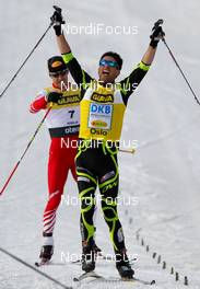 10.03.2012, Oslo, Norway (NOR): Jason Lamy Chappuis (FRA), Salomon, Swix, One Way celebrates the victory in the overall world cup  - FIS world cup nordic combined, individual gundersen HS134/10km, Oslo (NOR). www.nordicfocus.com. Â© Laiho/NordicFocus. Every downloaded picture is fee-liable.