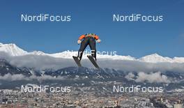 04.01.2012, Innsbruck, Austria (AUT): skijumper flying over Innsbruck - FIS world cup ski jumping, four hills tournament, individual HS130, Innsbruck (AUT). www.nordicfocus.com. © Felgenhauer/NordicFocus. Every downloaded picture is fee-liable.