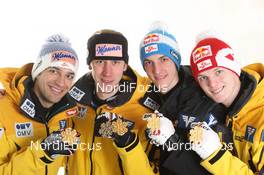 26.02.2012, Vikersund, Norway (NOR): 1st Team Austria, l-r: Andreas Kofler (AUT), Fischer, Martin Koch (AUT), Fischer, Gregor Schlierenzauer (AUT), Fischer, Thomas Morgenstern (AUT), Fischer  - FIS world championship ski flying, medals, Vikersund (NOR). www.nordicfocus.com. © Hemmersbach/NordicFocus. Every downloaded picture is fee-liable.