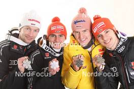 26.02.2012, Vikersund, Norway (NOR): 2nd Team Germany, l-r: Maximilian Mechler (GER), Fischer, Adidas, Richard Freitag (GER), Fischer, Adidas, Severin Freund (GER), Fischer, Adidas, Andreas Wank (GER); Fischer, Adidas  - FIS world championship ski flying, medals, Vikersund (NOR). www.nordicfocus.com. © Hemmersbach/NordicFocus. Every downloaded picture is fee-liable.