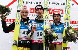 11.03.2012, Oslo, Norway (NOR): (l-r) Severin Freund (GER), Fischer, Martin Koch (AUT), Fischer and Robert Kranjec (SLO), Fischer  - FIS world cup ski jumping, individual HS134, Oslo (NOR). www.nordicfocus.com.Â© Laiho/NordicFocus. Every downloaded picture is fee-liable.