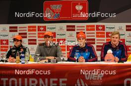 30.12.2012, Oberstdorf, Germany (GER): (l-r) Richard Freitag (GER), Fischer, Werner Schuster (AUT), the trainer of team Germany, Andreas Wellinger (GER), Fluege.de and Severin Freund (GER), Fischer in the opening press comference of the four hills tournament  - FIS world cup ski jumping, four hills tournament, individual HS137, Oberstdorf (GER). www.nordicfocus.com. © Laiho/NordicFocus. Every downloaded picture is fee-liable.