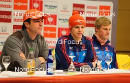 30.12.2012, Oberstdorf, Germany (GER): (l-r) Werner Schuster (AUT), the trainer of team Germany, Andreas Wellinger (GER), Fluege.de and Richard Freitag (GER), Fischer in the opening press comference of the four hills tournament  - FIS world cup ski jumping, four hills tournament, individual HS137, Oberstdorf (GER). www.nordicfocus.com. © Laiho/NordicFocus. Every downloaded picture is fee-liable.