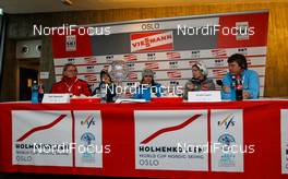 09.03.2012, Oslo, Norway (NOR): winners' press conference, in the middle the jumpers (l-r) Sara Takanashi (JPN), Elan, Sarah Hendrickson (USA), Fluege.de and Anette Sagen (NOR), Fischer  - FIS world cup ski jumping ladies, individual HS106, Oslo (NOR). www.nordicfocus.com. Â© Laiho/NordicFocus. Every downloaded picture is fee-liable.