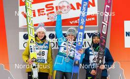 09.03.2012, Oslo, Norway (NOR): the price giving ceremony of the total world cup, (l-r) Daniela Iraschko (AUT), Fischer, Sarah Hendrickson (USA), Fluege.de and Sara Takanashi (JPN), Elan   - FIS world cup ski jumping ladies, individual HS106, Oslo (NOR). www.nordicfocus.com. Â© Laiho/NordicFocus. Every downloaded picture is fee-liable.