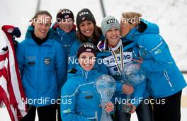 09.03.2012, Oslo, Norway (NOR): team USA (l-r) Lindsey Van, Alissa Johnson, Jessica Jerome, Abby Hughes (front), Sarah Hendrickson and Margo Christiansen  - FIS world cup ski jumping ladies, individual HS106, Oslo (NOR). www.nordicfocus.com. Â© Laiho/NordicFocus. Every downloaded picture is fee-liable.