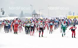 11.-12.02.2012, St. Johann, Austria (AUT): start of the 50k classic race with Markus Bader (AUT), Alexander Wolz (GER), Daniel Slechta (CZE), Martin Sutter (AUT), Fischer, Skinfit, Lšffler, Alpina - Int. Tiroler Koasalauf, St. Johann (AUT). www.nordicfocus.com. © Felgenhauer/NordicFocus. Every downloaded picture is fee-liable.