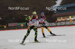 06.01.2013, Oberhof, Germany (GER): Simon Fourcade (FRA), Fischer, Rottefella, Rossignol, Swix, Simon Schempp (GER), Rossignol, Rottefella, Swix, adidas  - IBU world cup biathlon, pursuit men, Oberhof (GER). www.nordicfocus.com. © Manzoni/NordicFocus. Every downloaded picture is fee-liable.