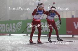 04.01.2013, Oberhof, Germany (GER): L-R: Erlend Bjoentegaard (NOR), Madshus, Rottefella, Swix, Ole Einar Bjoerndalen (NOR), Madshus, Rottefella, Odlo - IBU world cup biathlon, relay men, Oberhof (GER). www.nordicfocus.com. © Manzoni/NordicFocus. Every downloaded picture is fee-liable.