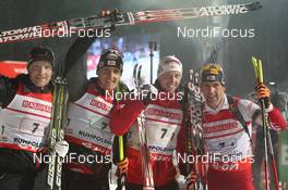 10.01.2013, Ruhpolding, Germany (GER): L-R: Simon Eder (AUT), Fischer, Rottefella, Swix, Friedrich Pinter (AUT), Atomic, OneWay, Dominik Landertinger (AUT), Atomic, Alpina, Leki, Christoph Sumann (AUT), Atomic, Leki  - IBU world cup biathlon, relay men, Ruhpolding (GER). www.nordicfocus.com. © Manzoni/NordicFocus. Every downloaded picture is fee-liable.