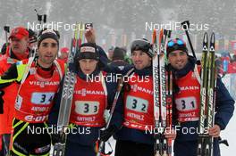 20.01.2013, Antholz, Italy (ITA): L-R: Martin Fourcade (FRA), Rossignol, Rottefella, OneWay, Toko, Alexis Boeuf (FRA), Salomon, Swix, OneWay, Jean Guillaume Beatrix (FRA), Rossignol, Rottefella, One Way, Simon Fourcade (FRA), Fischer, Rottefella, Rossignol, Swix - IBU world cup biathlon, relay men, Antholz (ITA). www.nordicfocus.com. © Manzoni/NordicFocus. Every downloaded picture is fee-liable.