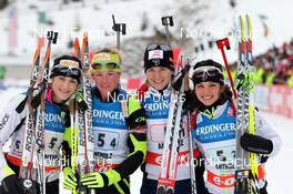 20.01.2013, Antholz, Italy (ITA): L-R: Marie Laure Brunet (FRA), Rossignol, Rottefella, Swix, Marie Dorin (FRA), Rossignol, Rottefella, OneWay, Anais Bescond (FRA), Madshus, Rottefella, Swix, OneWay, Sofie Boilley (FRA), Salomon, OneWay - IBU world cup biathlon, relay women, Antholz (ITA). www.nordicfocus.com. © Manzoni/NordicFocus. Every downloaded picture is fee-liable.