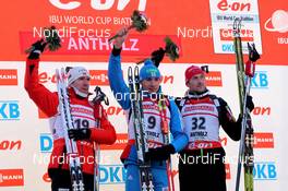 18.01.2013, Antholz, Italy (ITA): L-R: Emil Hegle Svendsen (NOR), Madshus, Rottefella, Swix, Odlo,Anton Shipulin (RUS), Fischer, Rottefella, adidas, Jakov Fak (SLO), Fischer, Rottefella, Alpina, Swix - IBU world cup biathlon, sprint men, Antholz (ITA). www.nordicfocus.com. © Manzoni/NordicFocus. Every downloaded picture is fee-liable.