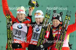 09.03.2013, Sochi, Russia (RUS): L-R: Anastasiya Kuzmina (SVK), Fischer, Salomon, Start, Magdalena Gwizdon (POL), Fischer, Rottefella, Alpina, Swix, Tora Berger (NOR), Fischer, Rottefella, Odlo - IBU world cup biathlon, sprint women, Sochi (RUS). www.nordicfocus.com. © Manzoni/NordicFocus. Every downloaded picture is fee-liable.