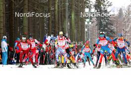 16.02.2013, Nove Mesto, Czech Republic (CZE): Ole Einar Bjoerndalen (NOR), Madshus, Rottefella, Odlo, Simon Fourcade (FRA), Fischer, Rottefella, Rossignol, Swix, Anton Shipulin (RUS), Fischer, Rottefella, adidas lead the field - IBU world championships biathlon, relay men, Nove Mesto (CZE). www.nordicfocus.com. © Manzoni/NordicFocus. Every downloaded picture is fee-liable.
