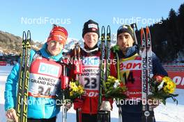 14.12.2013, Annecy-Le Grand Bornand, France (FRA): Ondrej Moravec (CZE), Johannes Thingnes Boe (NOR), Martin Fourcade (FRA) - IBU world cup biathlon, sprint men, Annecy-Le Grand Bornand (FRA). www.nordicfocus.com. © Manzoni/NordicFocus. Every downloaded picture is fee-liable.