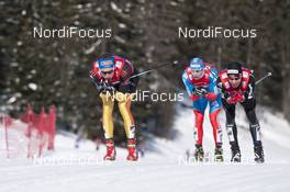 20.01.2013, La Clusaz, France (FRA): Tim Tscharnke (GER), Fischer, Rottefella, Alpina, Swix, adidas, Sergey Ustiugov (RUS), Fischer, Swix, adidas, Toni Livers (SUI), Madshus, Rottefella, Swix, adidas  - FIS world cup cross-country, 4x7.5km men, La Clusaz (FRA). www.nordicfocus.com. © Becker/NordicFocus. Every downloaded picture is fee-liable.