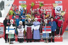 20.01.2013, La Clusaz, France (FRA): l-r Team Finland, Team Norway I, Team Norway II - FIS world cup cross-country, 4x5km women, La Clusaz (FRA). www.nordicfocus.com. © Becker/NordicFocus. Every downloaded picture is fee-liable.