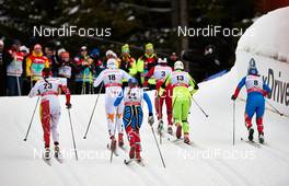 16.02.2013, Davos, Switzerland (SUI): l-r: Daria Gaiazova (CAN), Stina Nilsson (SWE), Svetlana Nikolaeva (RUS), Marit Bjoergen (NOR), Vesna Fabjan (SLO), Julia Ivanova (RUS) - FIS world cup cross-country, individual sprint, Davos (SUI). www.nordicfocus.com. © Felgenhauer/NordicFocus. Every downloaded picture is fee-liable.