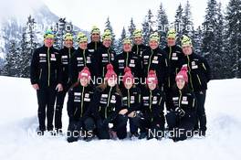 15.02.2013, Davos, Switzerland (SUI): l-r: Torbjorn Karlsen (CAN), Andy Reed (CAN), Graham Nishikawa (CAN), Len Valjas (CAN), Alex Harvey (CAN), Ivan Babikov (CAN), Justin Wadsworth (CAN), head coach team Canada, Devon Kershaw (CAN), Philip Widmer (CAN), Louis Bouchard (CAN); front row l-r: Daria Gaiazova (CAN), Andrea Dupont (CAN), Anne David (CAN), Perianne Jones (CAN), Emily Nishikawa (CAN) - FIS world cup cross-country, training, Davos (SUI). www.nordicfocus.com. © Felgenhauer/NordicFocus. Every downloaded picture is fee-liable.