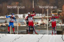 20.03.2013, Stockholm, Sweden (SWE): Nikita Kriukov (RUS), Petter Northug (NOR), Eirik Brandsdal (NOR), (l-r) - FIS world cup cross-country, individual sprint, Stockholm (SWE). www.nordicfocus.com. © Felgenhauer/NordicFocus. Every downloaded picture is fee-liable.