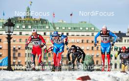 20.03.2013, Stockholm, Sweden (SWE): Paal Golberg (NOR), Sergey Ustiugov (RUS), Dario Cologna (SUI), Dmitriy Japarov (RUS), (l-r) - FIS world cup cross-country, individual sprint, Stockholm (SWE). www.nordicfocus.com. © Felgenhauer/NordicFocus. Every downloaded picture is fee-liable.