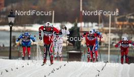 20.03.2013, Stockholm, Sweden (SWE): Nikita Kriukov (RUS), Petter Northug (NOR), Teodor Peterson (SWE), Eirik Brandsdal (NOR), Tomas Northug (NOR), (l-r) - FIS world cup cross-country, individual sprint, Stockholm (SWE). www.nordicfocus.com. © Felgenhauer/NordicFocus. Every downloaded picture is fee-liable.