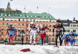 20.03.2013, Stockholm, Sweden (SWE): Maxim Vylegzhanin (RUS), Teodor Peterson (SWE), Petter Northug (NOR), Torin Koos (USA), Dietmar Noeckler (ITA), (l-r) - FIS world cup cross-country, individual sprint, Stockholm (SWE). www.nordicfocus.com. © Felgenhauer/NordicFocus. Every downloaded picture is fee-liable.
