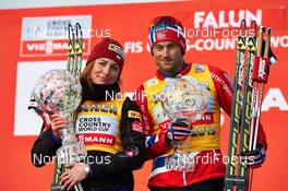 22.03.2013, Falun, Sweden (SWE): l-r: Justyna Kowalczyk (POL), Petter Northug (NOR) - FIS world cup cross-country, cups, Falun (SWE). www.nordicfocus.com. © Felgenhauer/NordicFocus. Every downloaded picture is fee-liable.