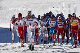 23.03.2013, Falun, Sweden (SWE): Teodor Peterson (SWE), Eirik Brandsdal (NOR), Emil Joensson (SWE), Sergey Ustiugov (RUS), Petter Northug (NOR), (l-r) - FIS world cup cross-country, mass men, Falun (SWE). www.nordicfocus.com. © Felgenhauer/NordicFocus. Every downloaded picture is fee-liable.