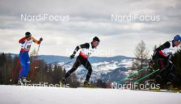 27.02.2013, Val di Fiemme, Italy (ITA): l-r: Petrica Hogiu (ROU), Aliaksei Ivanou (BLR), Sergei Dolidovich (BLR) - FIS nordic world ski championships, cross-country, 15km men, Val di Fiemme (ITA). www.nordicfocus.com. © Felgenhauer/NordicFocus. Every downloaded picture is fee-liable.