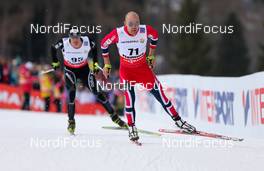 27.02.2013, Val di Fiemme, Italy (ITA):  Tord Asle Gjerdalen (NOR), Atomic, One Way, Salomon, Swix, Skigo followed by Dario Cologna (SUI), Fischer, Swix, Alpina, Rottefella, Odlo - FIS nordic world ski championships, cross-country, 15km men, Val di Fiemme (ITA). www.nordicfocus.com. © Laiho/NordicFocus. Every downloaded picture is fee-liable.