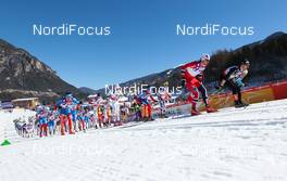 03.03.2013, Val di Fiemme, Italy (ITA): Dario Cologna (SUI), Fischer, Swix, Alpina, Rottefella, Odlo followed by Petter Northug (NOR), Fischer, Swix, Alpina, Rottefella , Alexander Legkov (RUS), Rossignol, Swix, Rottefella, Adidas and Johan Olsson (SWE), Fischer, Swix, Alpina, Rottefella, Craft - FIS nordic world ski championships, cross-country, mass men, Val di Fiemme (ITA). www.nordicfocus.com. © Laiho/NordicFocus. Every downloaded picture is fee-liable.
