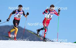 03.03.2013, Val di Fiemme, Italy (ITA): (l-r) Hannes Dotzler (GER), Fischer, Swix, Alpina, Rottefella, Adidas and Sjur Roethe (NOR), Fischer, KV+, Salomon, Swix  - FIS nordic world ski championships, cross-country, mass men, Val di Fiemme (ITA). www.nordicfocus.com. © Laiho/NordicFocus. Every downloaded picture is fee-liable.