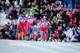 02.03.2013, Val di Fiemme, Italy (ITA): (l-r) Justyna Kowalczyk (POL), Fischer, Swix, Rottefella, Therese Johaug (NOR), Fischer, Swix, Salomon and Marit Bjoergen (NOR), Fischer, Swix, Rottefella - FIS nordic world ski championships, cross-country, mass women, Val di Fiemme (ITA). www.nordicfocus.com. © Laiho/NordicFocus. Every downloaded picture is fee-liable.