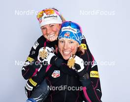 24.02.2013, Val di Fiemme, Italy (ITA): l-r: Kikkan Randall (USA), Jessica Diggins (USA) - FIS nordic world ski championships, cross-country, medals, Val di Fiemme (ITA). www.nordicfocus.com. © Felgenhauer/NordicFocus. Every downloaded picture is fee-liable.