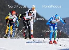 01.03.2013, Val di Fiemme, Italy (ITA): Giorgio di Centa (ITA), Fischer, Swix, Alpina, Rottefella, Rudy Project followed by Dario Cologna (SUI), Fischer, Swix, Alpina, Rottefella, Odlo - FIS nordic world ski championships, cross-country, 4x10km men, Val di Fiemme (ITA). www.nordicfocus.com. © Laiho/NordicFocus. Every downloaded picture is fee-liable.