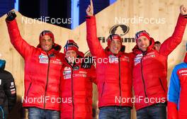 01.03.2013, Val di Fiemme, Italy (ITA): (l-r) Petter Northug (NOR), Fischer, Swix, Alpina, Rottefella, Sjur Roethe (NOR), Fischer, KV+, Salomon, Swix , Eldar Roenning (NOR), Rorrignol, Swix, Rottefella and Tord Asle Gjerdalen (NOR), Atomic, One Way, Salomon, Swix, Skigo - FIS nordic world ski championships, cross-country, 4x10km men, Val di Fiemme (ITA). www.nordicfocus.com. © Laiho/NordicFocus. Every downloaded picture is fee-liable.