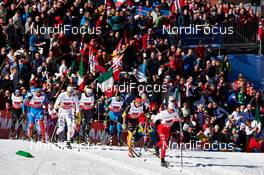 01.03.2013, Val di Fiemme, Italy (ITA): l-r: Curdin Perl (SUI), Evgeniy Belov (RUS), Daniel Richardsson (SWE), Andrew Newell (USA), Vitaliy Shtun (UKR), Hannes Dotzler (GER), Maciej Kreczmer (POL) - FIS nordic world ski championships, cross-country, 4x10km men, Val di Fiemme (ITA). www.nordicfocus.com. © Felgenhauer/NordicFocus. Every downloaded picture is fee-liable.