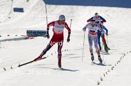01.03.2013, Val di Fiemme, Italy (ITA): (l-r) Petter Northug (NOR), Fischer, Swix, Alpina, Rottefella and Calle Halfvarsson (SWE), Fischer, One Way, Alpina, Rottefella, Craft - FIS nordic world ski championships, cross-country, 4x10km men, Val di Fiemme (ITA). www.nordicfocus.com. © Laiho/NordicFocus. Every downloaded picture is fee-liable.